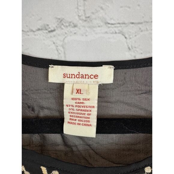 SUNDANCE black silk beige embroidered semi-sheer blouse top size XL NWOT - Picture 2 of 8